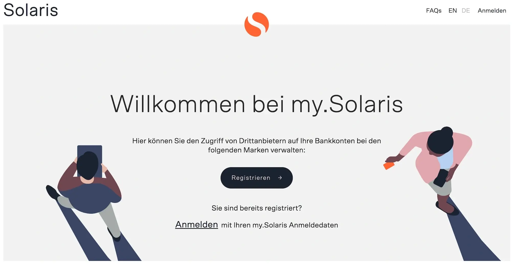 Willkommensseite bei my.Solaris zur Verwaltung des Drittanbieterzugriffs auf Bankkonten.