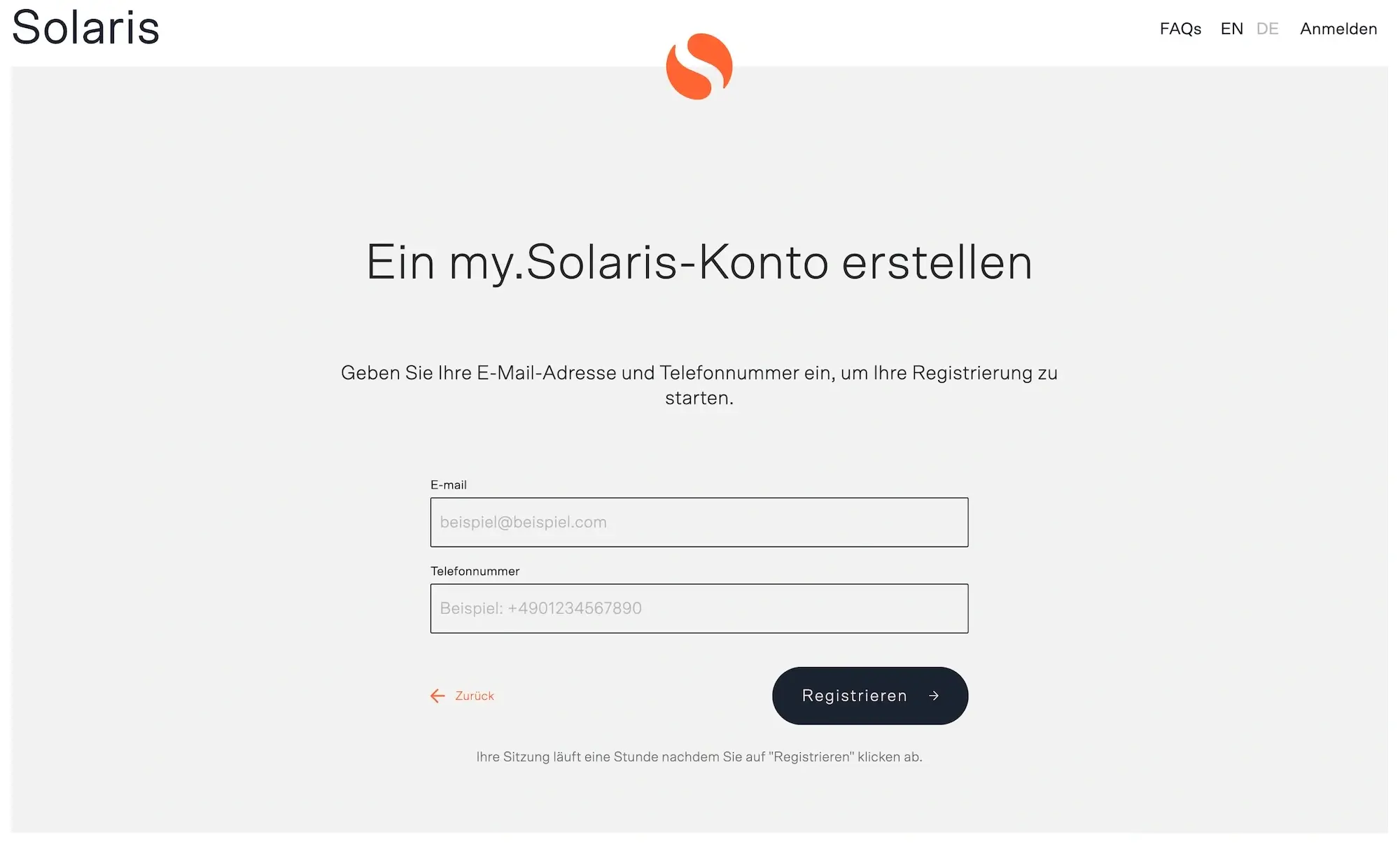 my.Solaris-Konto erstellen: Eingabe von E-Mail-Adresse und Telefonnummer zur Registrierung.